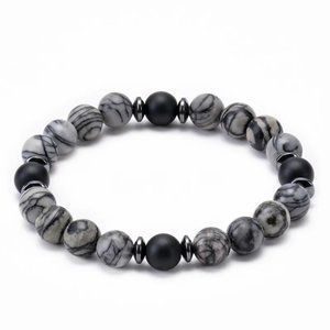 8mm Gray Map Stone Jasper & Matte Black Natural Stone Beaded Bracelet NEW